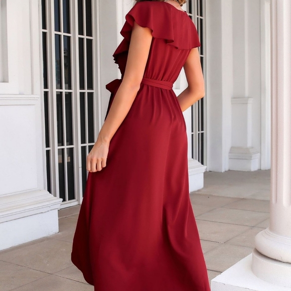 Romantic Ruffled Midi Dress with Wrap Silhouette and Slit - Picture 5 of 7